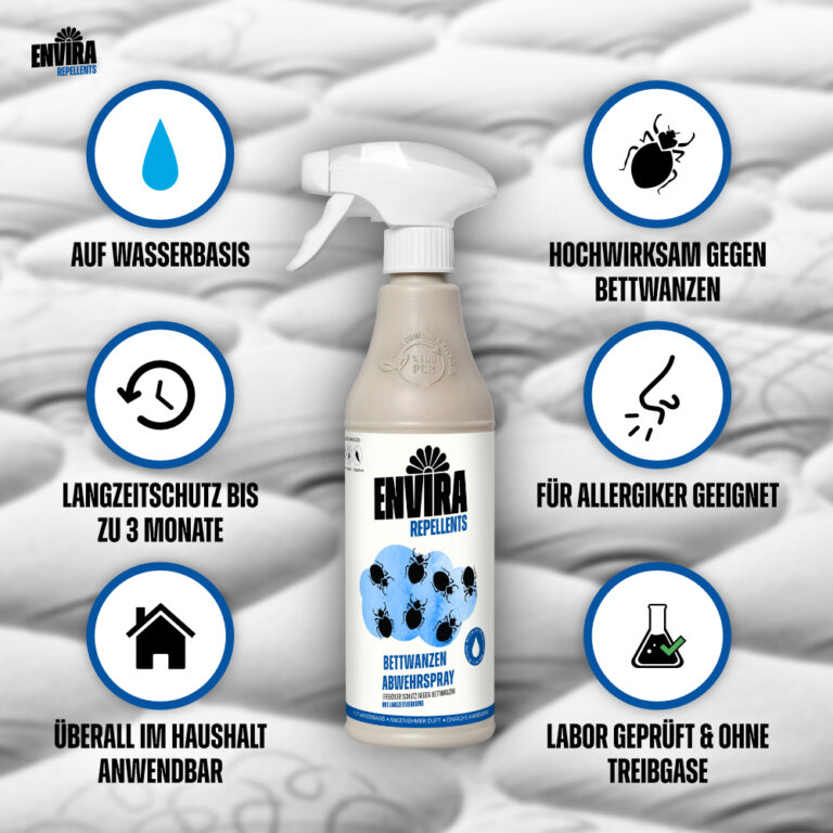 Ein Bild, das darstellt, welche Eigenschaften das Envira Bettwanzen Abwehrspray hat.
