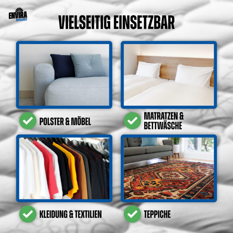 Ein Bild, das darstellt, in welchen Bereichen das Envira Bettwanzen Abwehrspray angewendet werden kann.