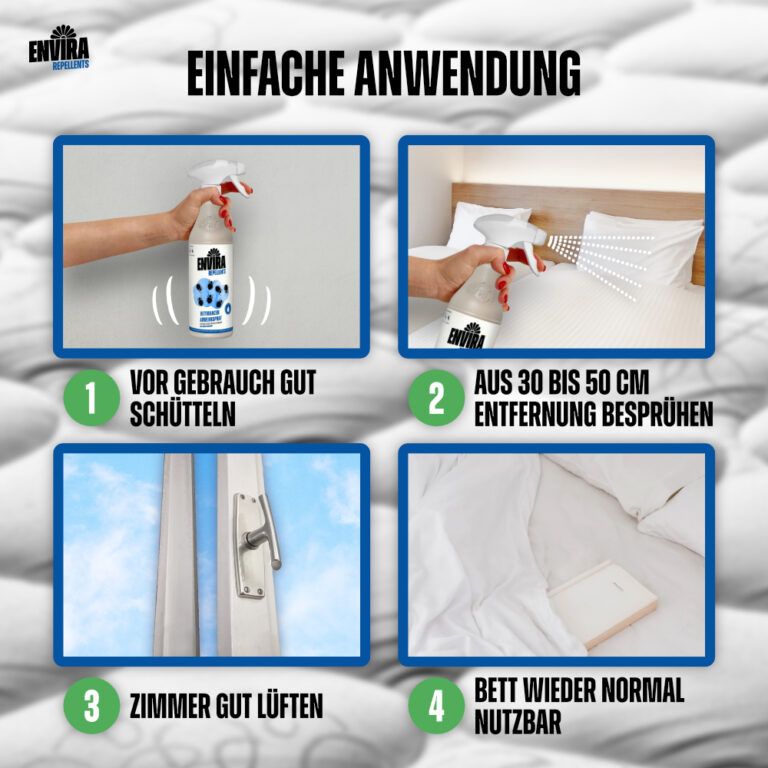 Ein Bild, das darstellt, wie das Envira Bettwanzen Abwehrspray richtig angewendet wird.
