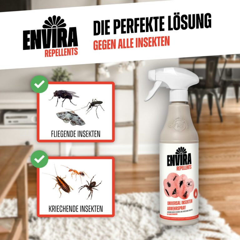Ein Bild, das darstellt, gegen welche Insekten das Envira Universal Insektenspray eingesetzt werden kann.