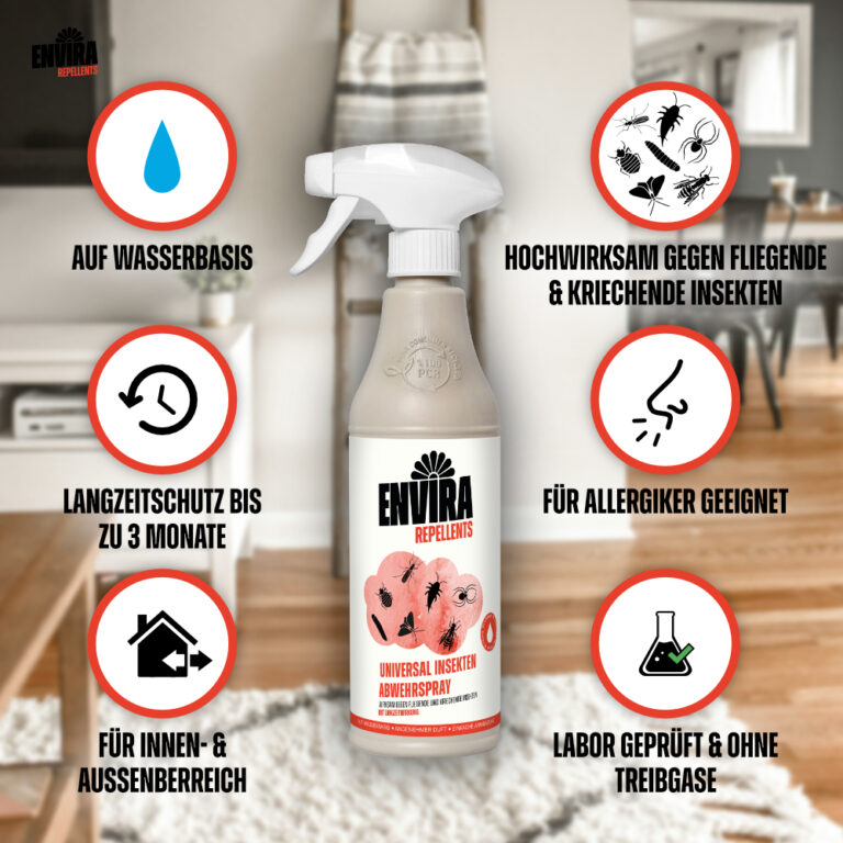 Ein Bild, das darstellt, welche Eigenschaften das Envira Universal Insektenspray hat.
