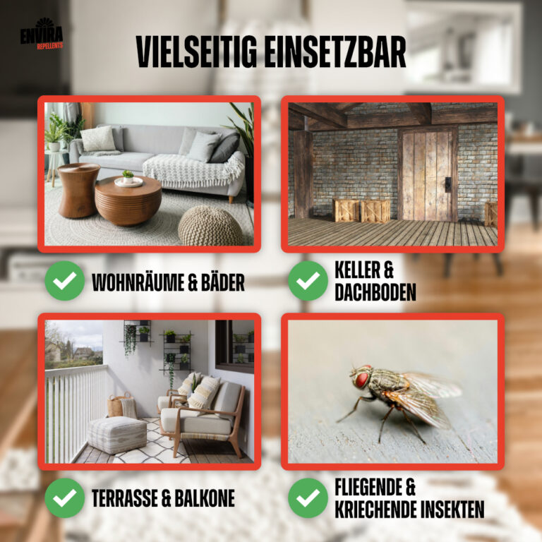Ein Bild, das darstellt, in welchen Bereichen das Envira Universal Insektenspray angewendet werden kann.