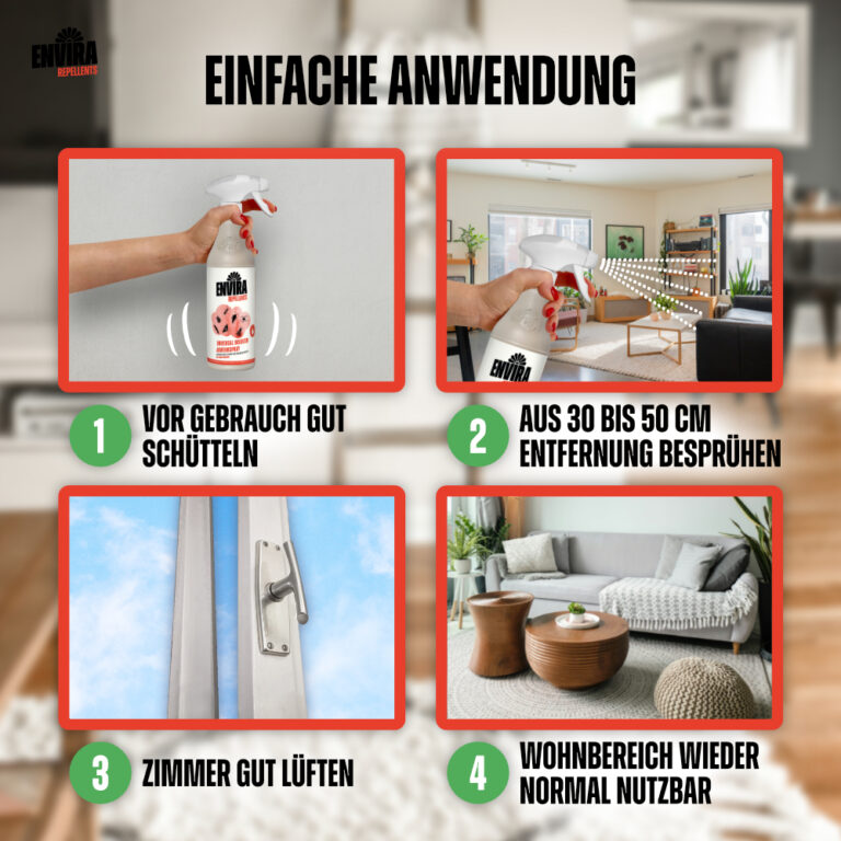 Ein Bild, das darstellt, wie das Envira Universal Insektenspray richtig angewendet wird.