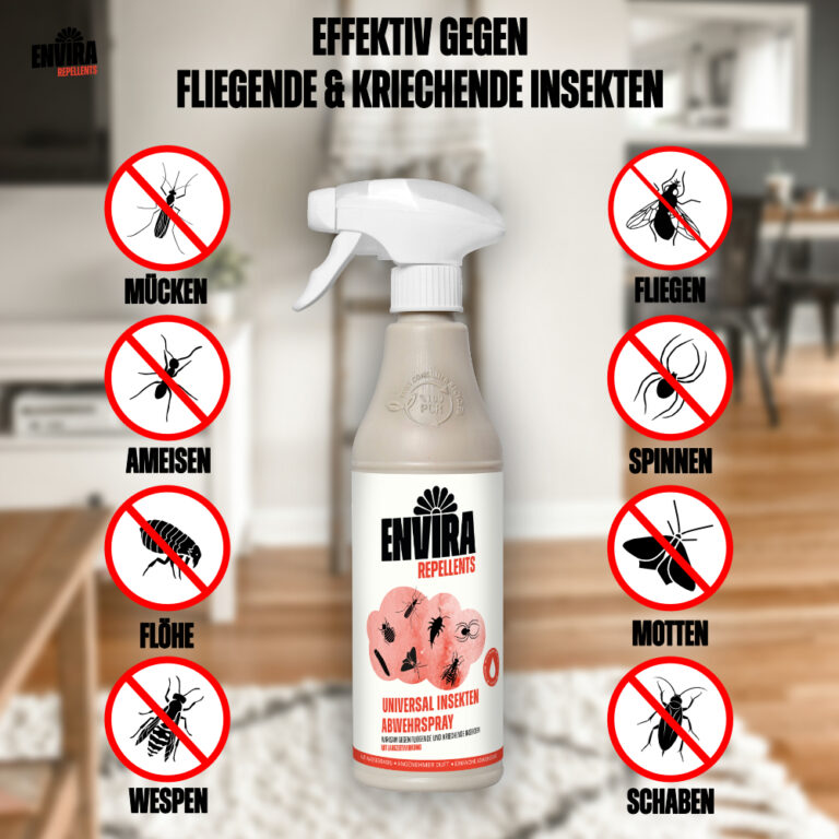 Ein Bild, das detailliert darstellt, gegen welche Insekten das Envira Universal-Insektenspray eingesetzt werden kann.